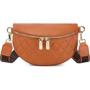 Tan  Quilted Faux Leather Belt Bag with Gold Zippers – Crossbody or Waist Pack